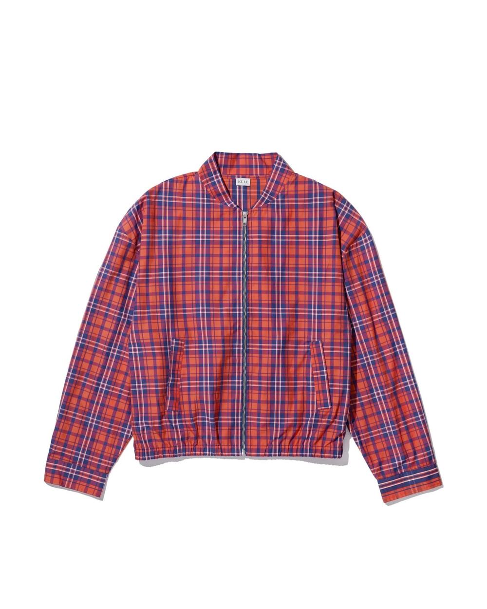 KULE The Bennie Poppy Plaid Cotton Bomber Jacket Red Blue Medium